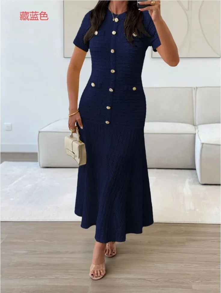 Women's Solid Color Midi Dress Short Sleeve Gold Button Decorated Fitted Flared Hem Gown Elegant Retro Outfit Dating & Parties