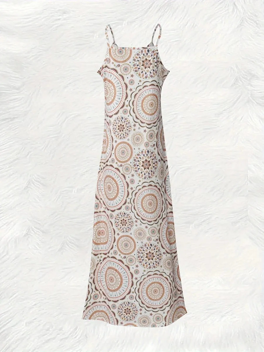 Women Long Sleeve Midi Dress with Mandala Print Boho Floral Pattern Summer Vacation Dress Casual Office Wear A Line Fit — image 2