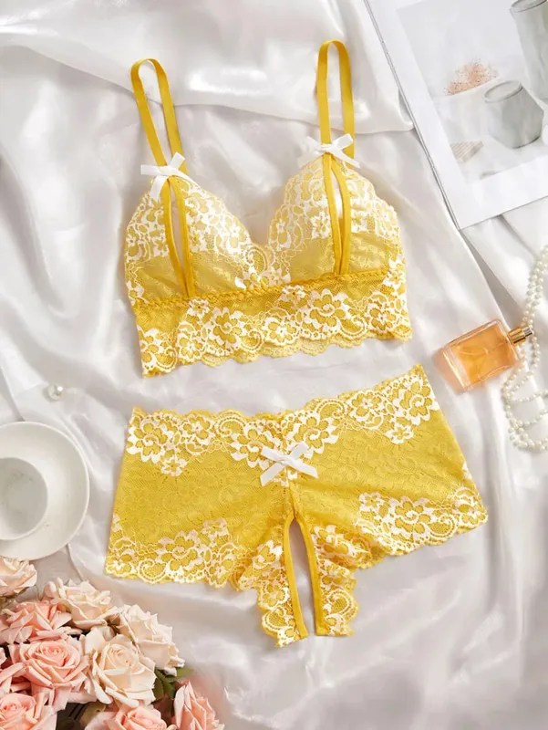 Sexy Lingerie Set Women Lace Bra And Panty See Through Floral Embroidery Bralette Transparent Erotic Underwear Bow Nightwear