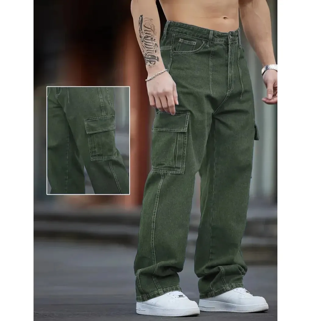 2026 New Arrival Men Cargo Jeans Multi‑Pocket Loose Wide Leg Straight Denim Pants HipHop Street Workwear Trousers — image 2