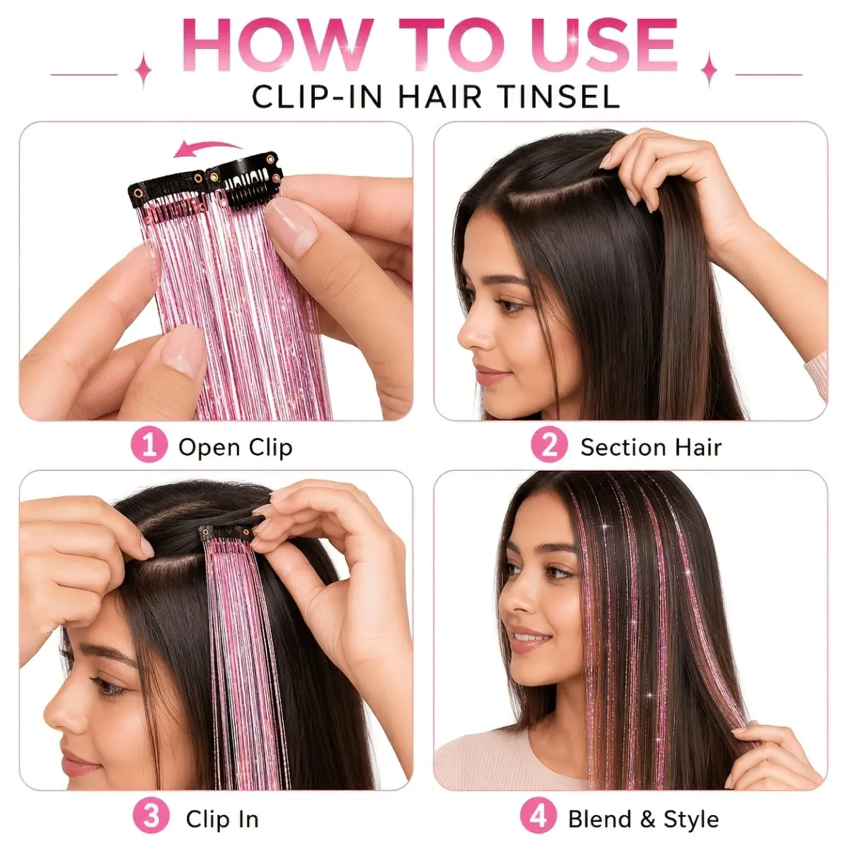 4pcs Clip-In Hair Tinsel Extensions Sparkly Holographic Glitter Hair Strands with Snap Clips Reusable Easy-To-Wear Hair — image 3