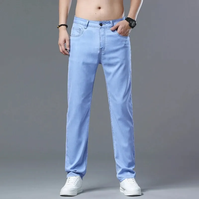 Lyocell Jeans Summer Ultra-Thin Elastic Straight Men's Denim Pants Fashion Korean Soft Drape Cool Business Casual Trousers — image 4