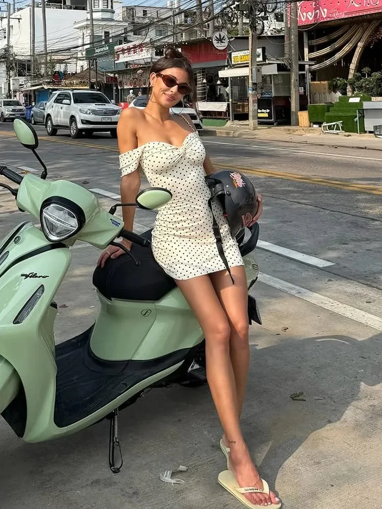 Whatiwear Sexy Trend Dress Women Polka Dot Print Slash Neck Ruched Patchwork Sleeveless Fashion Summer Street Party Mini Bodycon — image 6