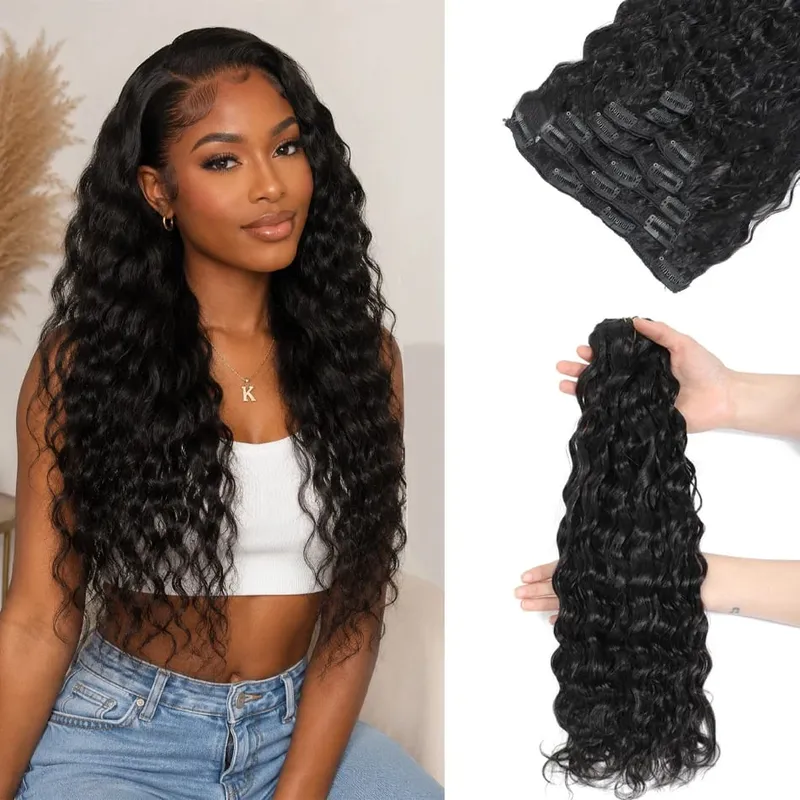 12A Curly Clip in Hair Extensions Brown Water Wave Real Remy Human Hair Clip in Extensions for Women Curly Clip Ins 7pcs 120g — image 11