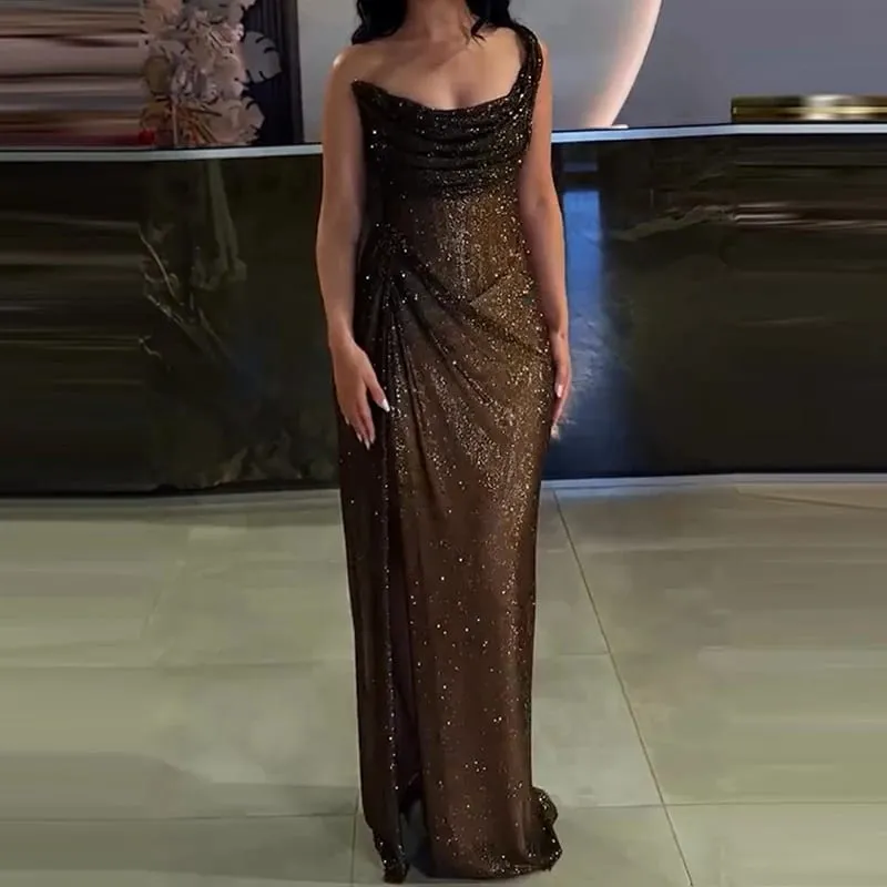 性感優雅全長高開叉派對禮服別緻束腰宴會超長連身裙奢華女式一肩閃光修身連身裙