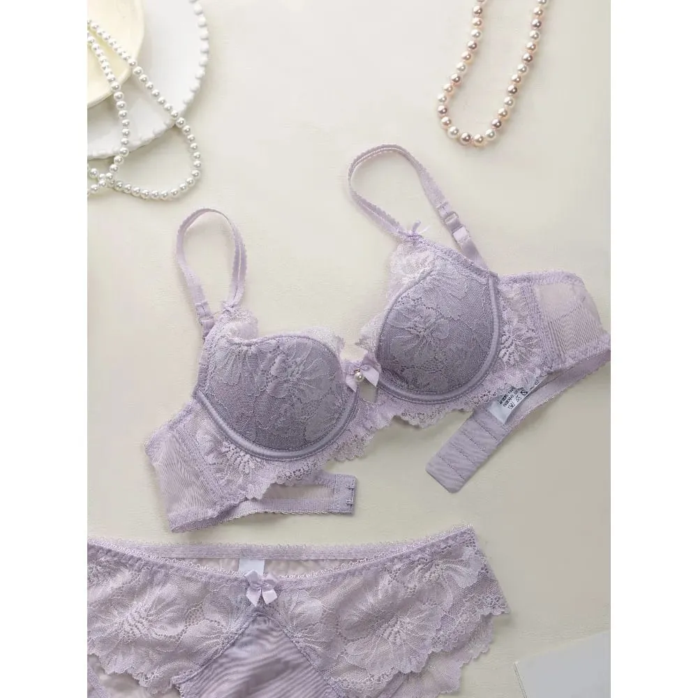 Women Lace Bra Panty Set Summer Thin Push Up Side Support Anti Sag Sexy Pure Desire Lingerie Underwear Suit 32‑38 — image 1