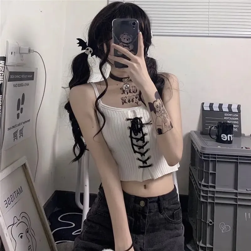 Y2k قطع علوية نسائية بدون ظهر بدون أكمام Kawaii لطيف أبيض محبوك كاميس تانك القمم الصيف اقتصاص سترة الإناث 2000s الملابس