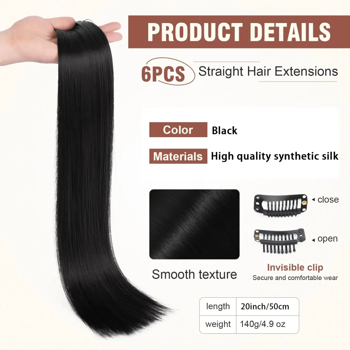 6pcs Clip-in Straight Hair Extensions Suitable for Women - Heat Resistant Synthetic Hairpiece with Look — image 4
