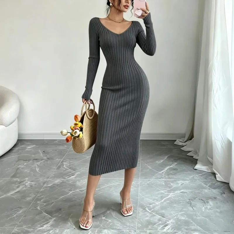 Women Solid Color V‑Neck Ribbed Knit Maxi Sweater Dress Elastic Long Sleeve Bodycon Dress Ladies Casual Party Fashion Dresses — image 7