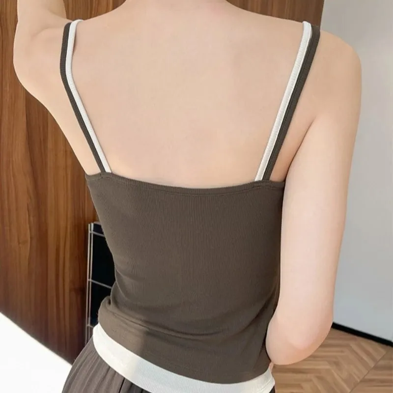 Spicy Girl Fake Two-piece Color Blocking Tank Top with Chest Pad Summer Spaghetti Strap Square Neck Button Casual Slim Fit Camis