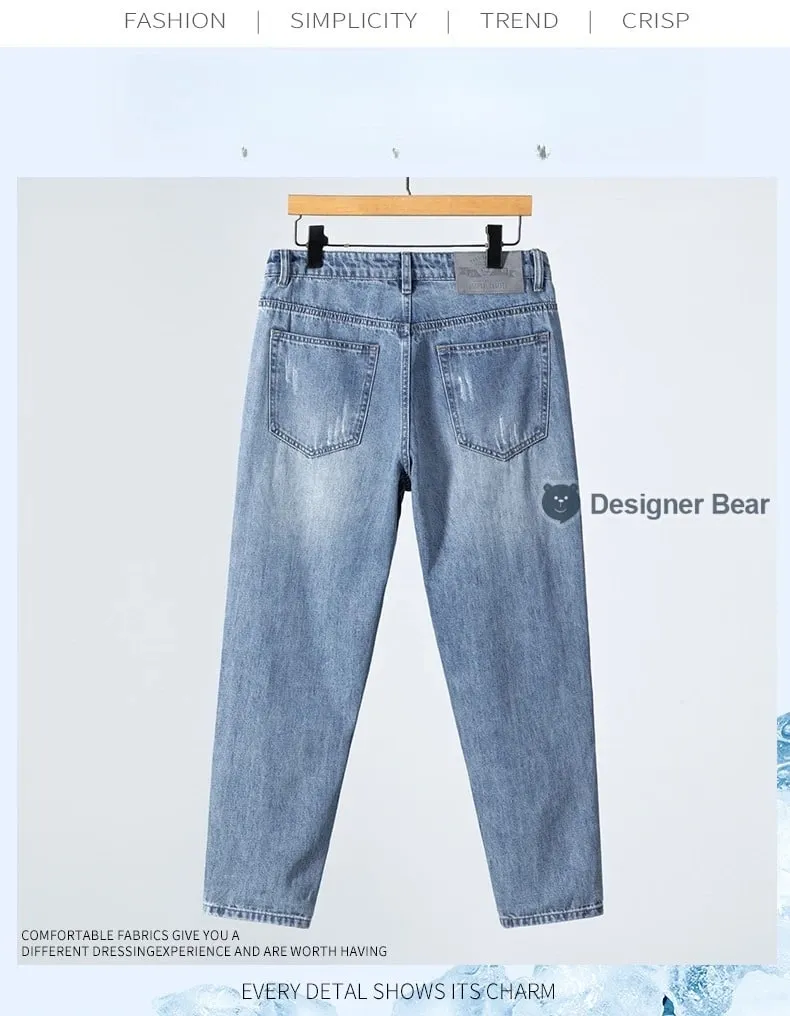 2026 Men's Spring Summer Ripped Hole Jeans Korean Style Straight Leg Casual Harem Denim Pants Distressed Washed Baggy Trousers — image 9