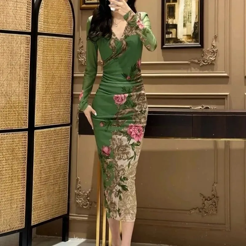 Feminine V-neck Long-sleeved Positioning Slimming Mesh Fashionable Wrap Long Skirt Dresses — image 3