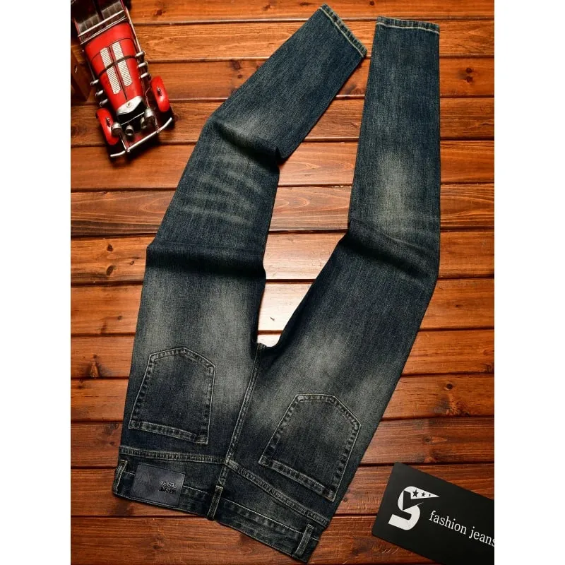 High end jeans men with ripped holes street fashion prints small feet elastic retro and handsome pants — image 5