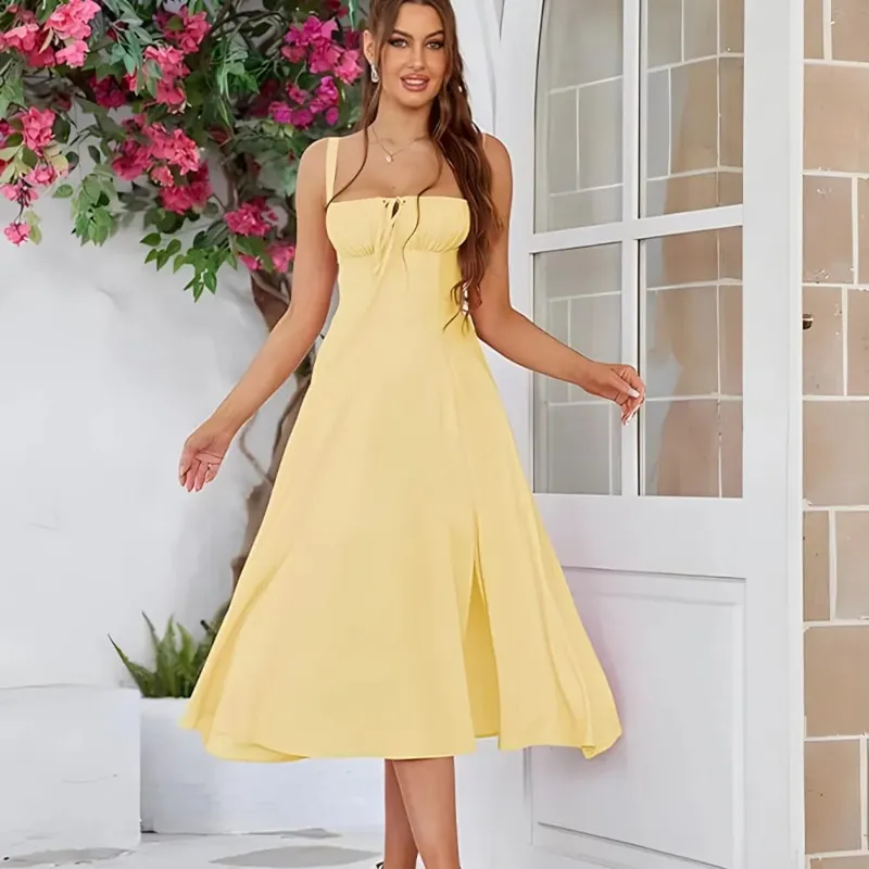 New Summer Fashion Women's Dresses Solid Square Neck Cami Ruched Corset Waist Midi A-Line skirts Elegant Summer Party Dress Y2K — image 1