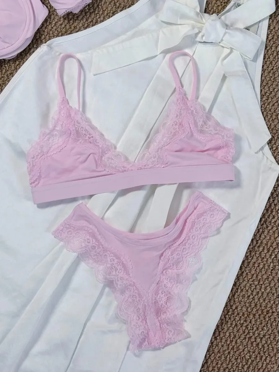 Lace V-neck Bra Set Women Summer Chic Gorgeous Breathable and Skin-friendly Lingerie Sets Sweet Chic Solid underwear Outfit