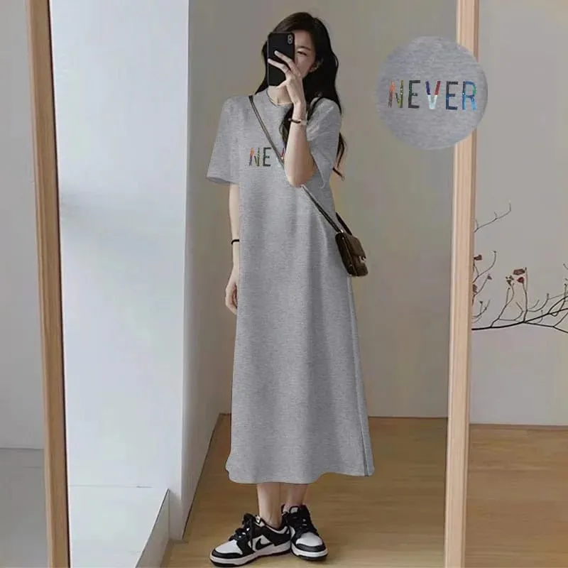 Summer Oversized Women Long T Shirt Dress White Round Neck Color Letter NEVER Print Casual Side Split Maxi Dress — image 2