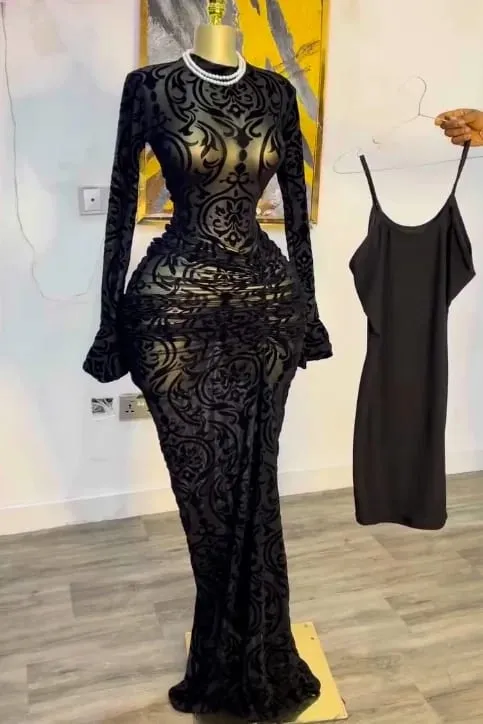 CM.YAYA 2025 Women Long Sleeve Ruched Mesh See Though with Lining Bodycon Long Dress Fall Evening Birthday Sexy Party Dresses — image 9