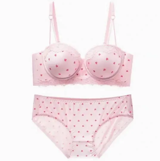 Sweet Girls Heart Lace Bra Set Sexy Push Up Lingerie for Small Breast Anti Sag Side Support Underwear 32‑38AB Bra Set