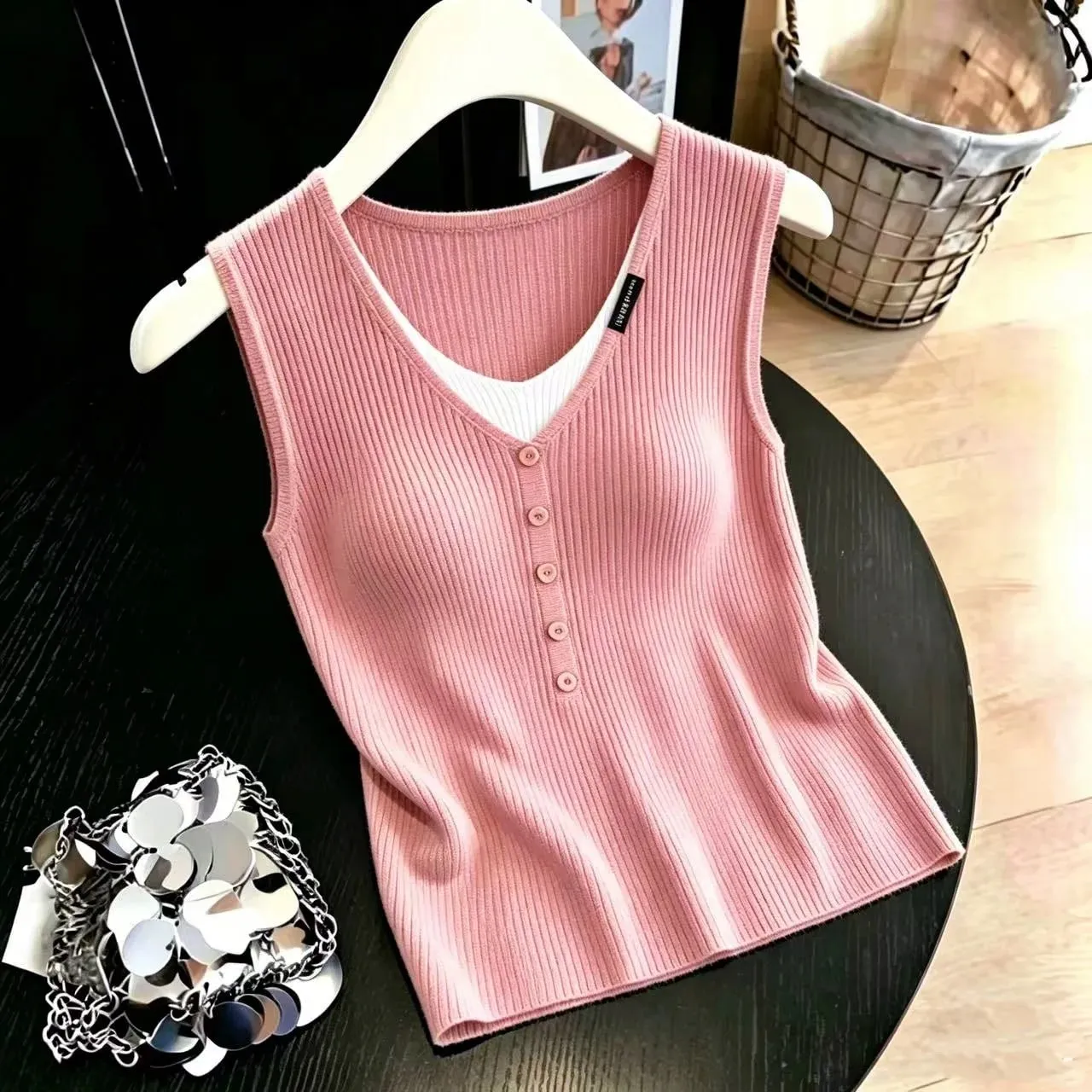 zjaiss Color Block Versatile V Neck Camis 2026 Summer Ice Silk Women Camisole Thin Layer Outer Wear Fake Two Piece Knit Tank Top — image 4