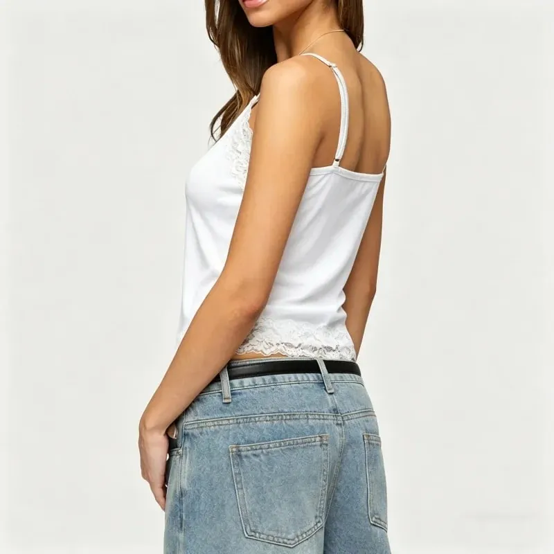 Lace Tank Top for Women V Neck Floral Lacy Trim Crop Cami Teen Girls Y2K Slim Fit Spaghetti Strap Going Out Tops — image 4