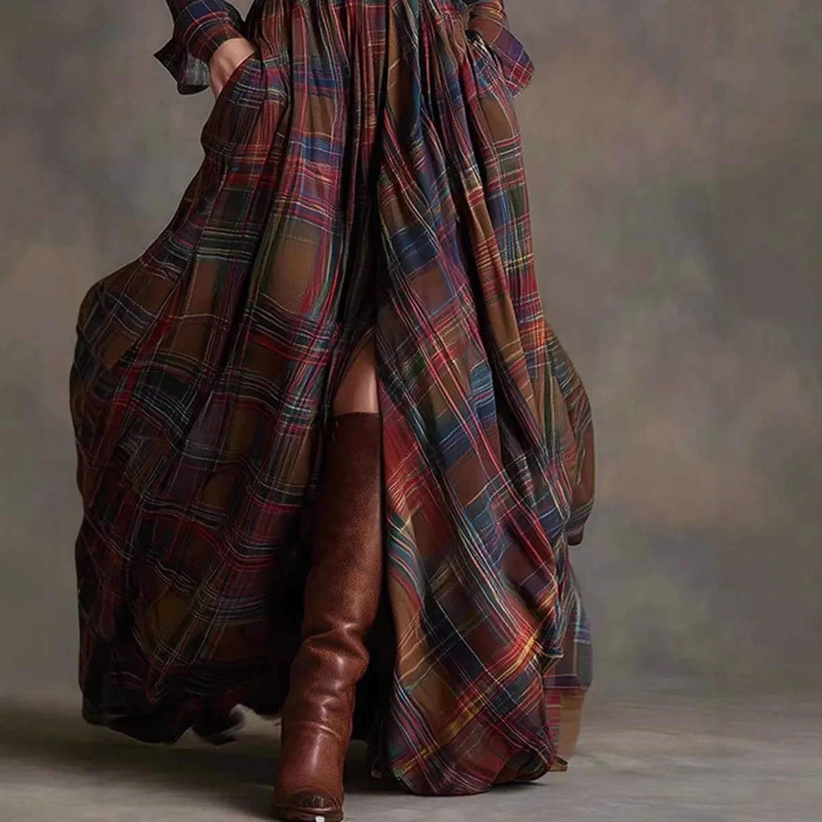 European American Women's Shirt Maxi Dress Autumn Casual Long Sleeve Button Pocket Plaid Print Lapel Retro Long Dress Vestidos — image 2
