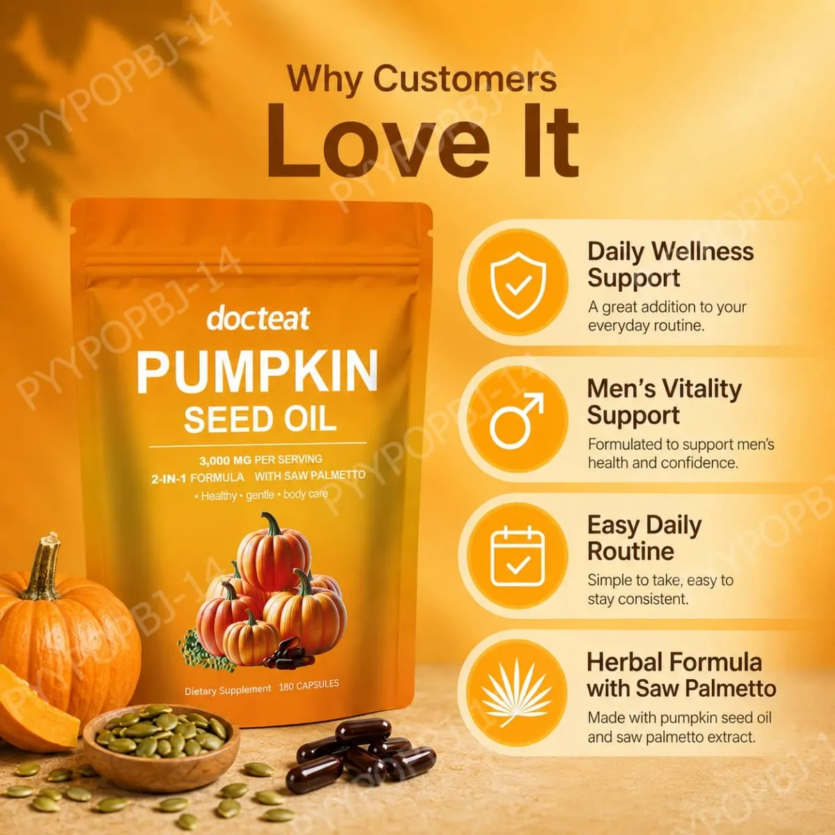 Docteat Pumpkin Seed Oil with Saw Palmetto Capsules 2-in-1 Formula for Prostate and Bladder Function Support 180 Capsules — image 4