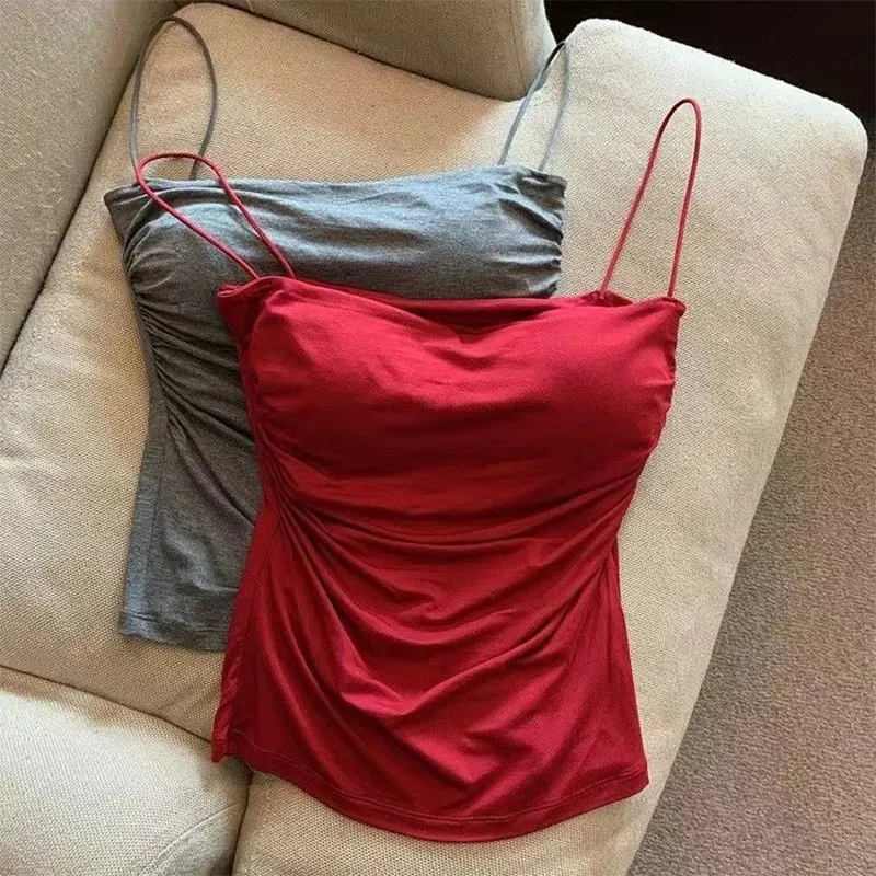 New-Sexy Solid Pleated Tank Camisole Women's Summer Spaghetti Strap Sleeveless Tops — image 4