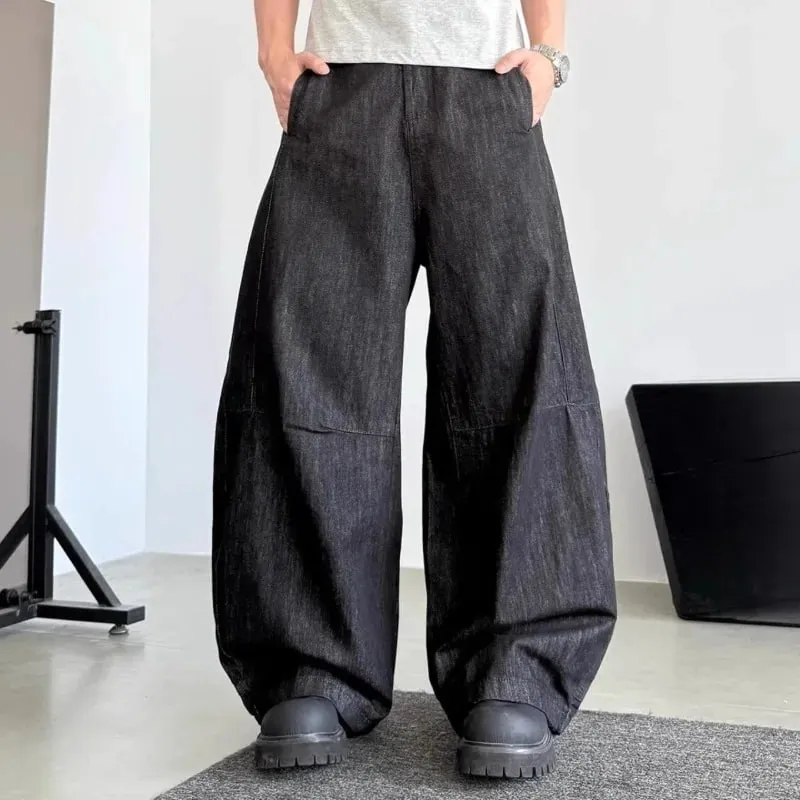 Unisex Curved Blade Baggy Jeans Street Black Raw Denim Oversized Wide Leg Banana Pants Vintage Minimalist Hip Hop Denim Trousers