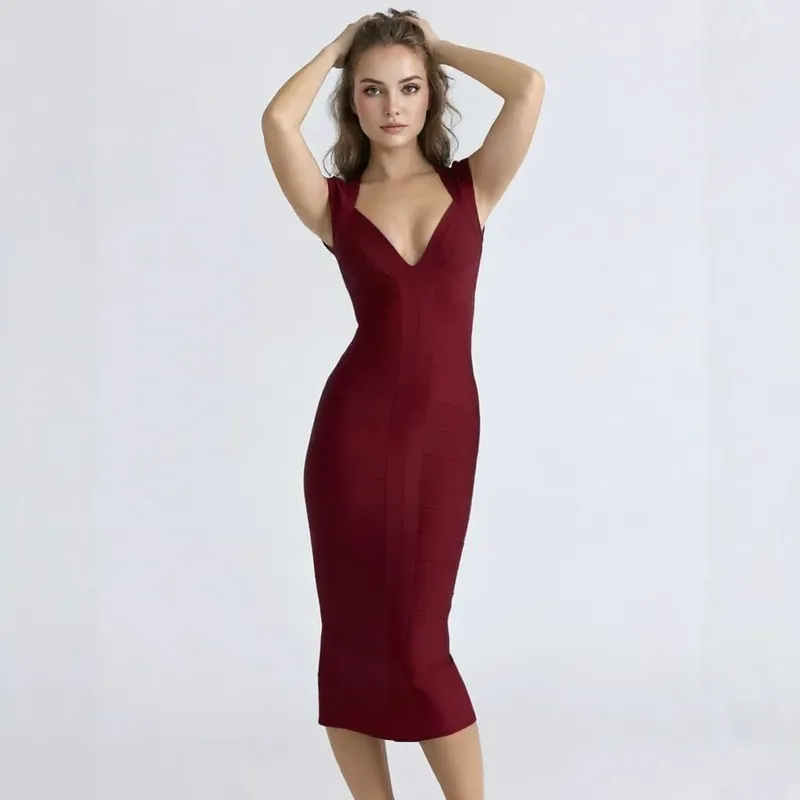 Luxury Sexy Plunge V Bandage Long Dress Women Striped Bodyocn Party Celebrity Evening Dress Elastic Knitted Vestidos — image 5