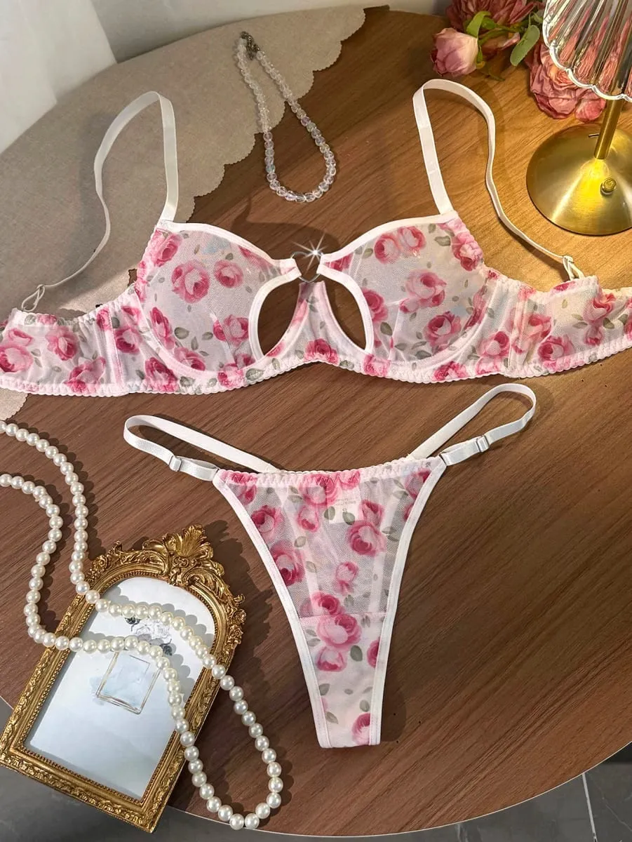 French Romantic Pink Rose Print Sheer Mesh Lingerie Set Heart Cutout Underwire Bra & Thong — image 1