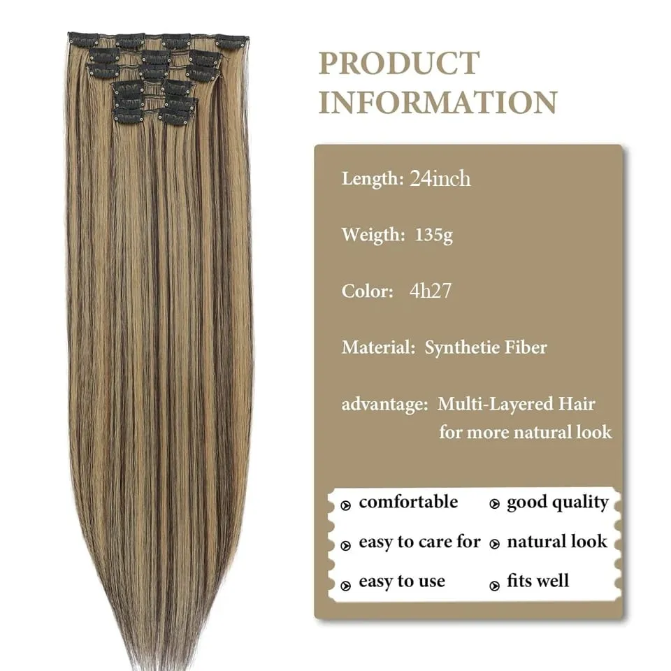 6Pcs/Set Clip In Hair Extension Synthetic Highlights Blonde Long Straight Hairpiece Full Head Thick Hairpieces for Women Girls — image 3