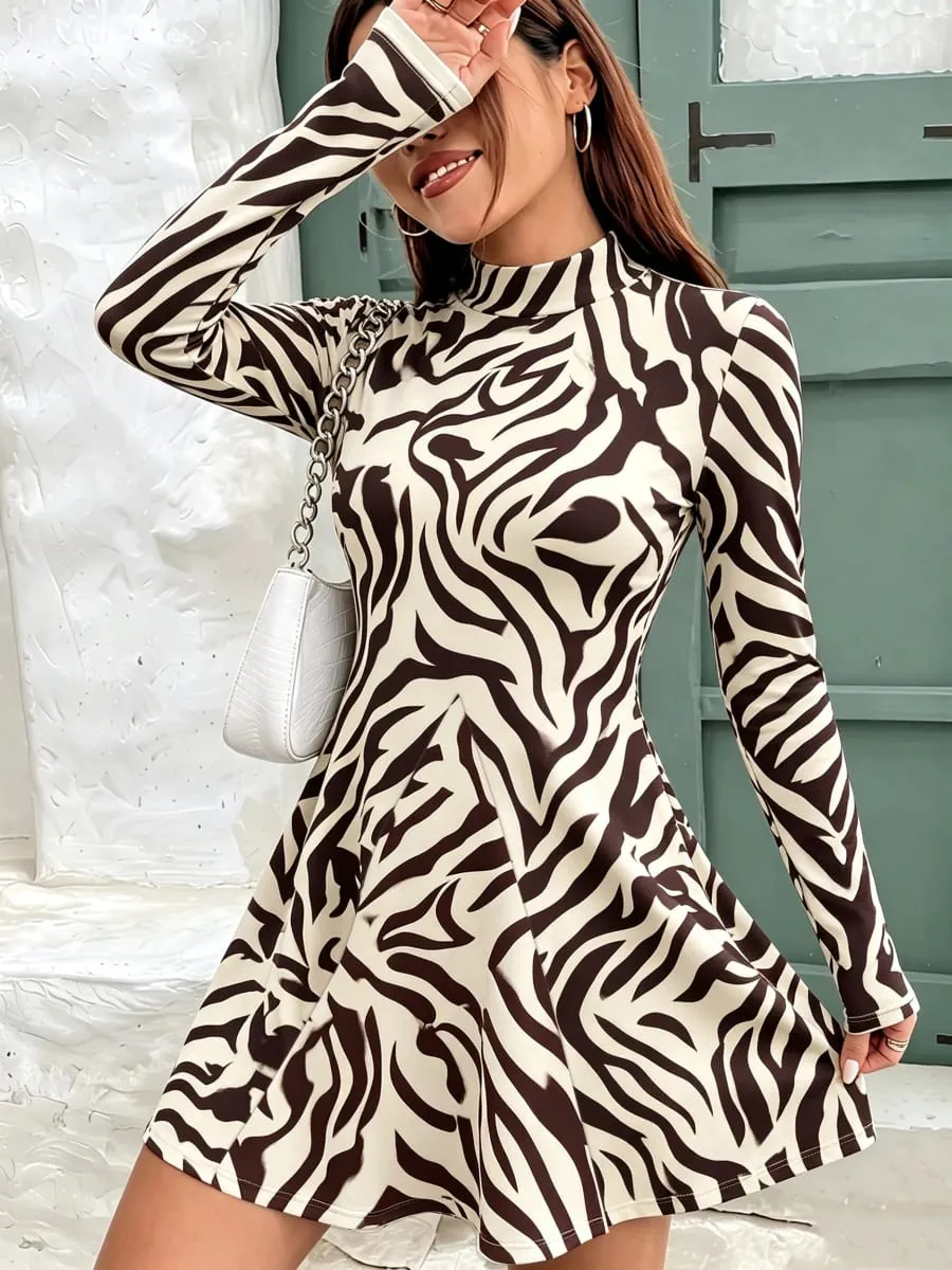 Women's Autumn Casual High Neck Mini Dress Solid Color Geometric Pattern Long Sleeved Waist Cinched A-Line Skirt — image 5