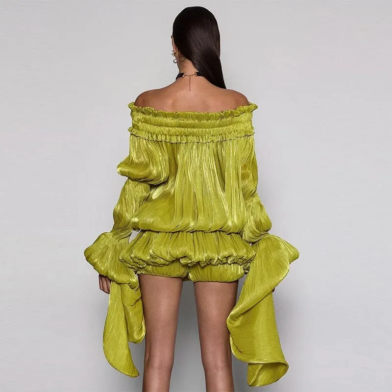 Chic Lime Green Off Shoulder Mini Dress Oversized Flare Sleeve Shiny Smocked Waist Bubble Hem Skirt Sexy Party Date Wear New — image 7