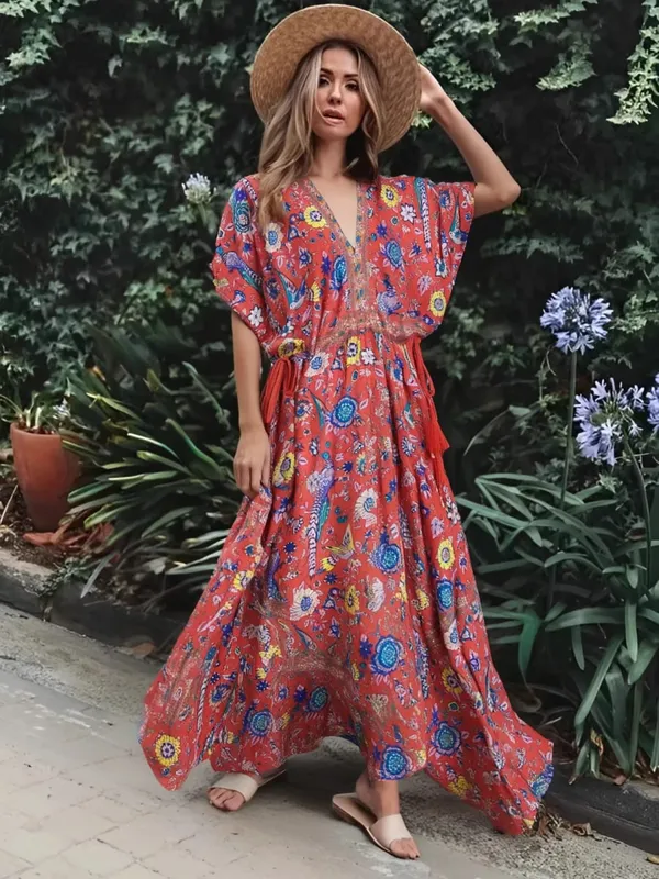 Đời Boho Hoàng Hậu Nữ Con Công In Hoa Tay Cánh Dơi Đi Biển Bohemia Đầm Maxi Nữ Cổ V Tua Rua Mùa Hè vestidos — image 6