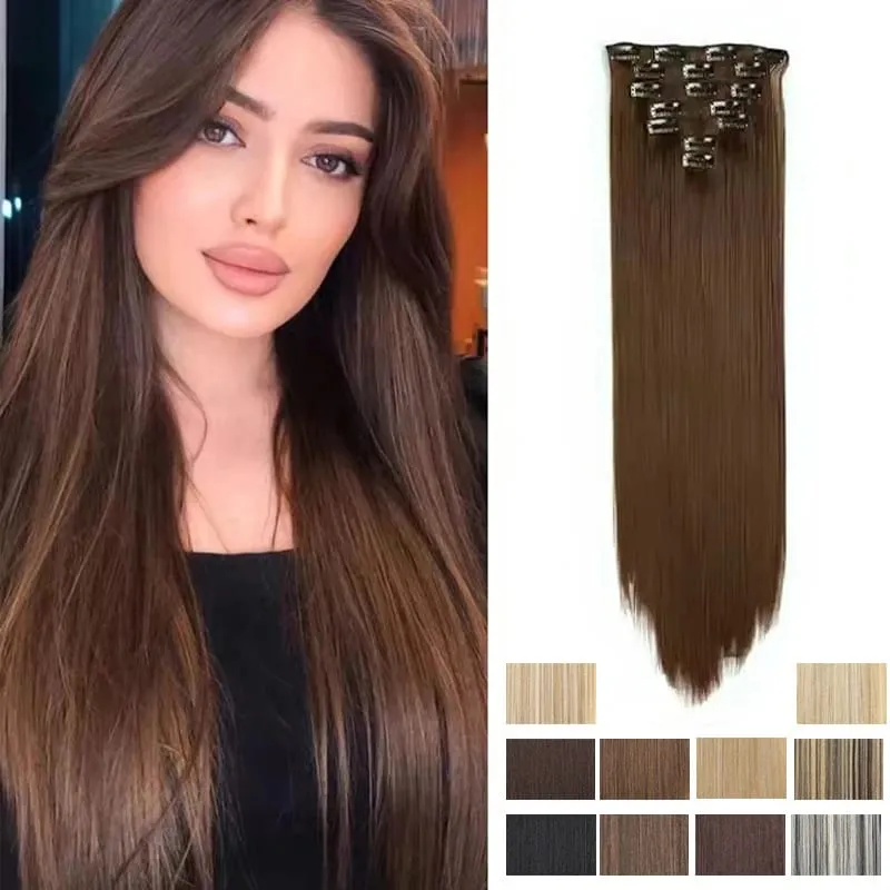 24Inch Synthetic 7Pcs/set Long Straight Hair Extension 16Clips Hairstyle Black Blonde Y2K Kpop Hairpiece for Women Christmas Eve — image 2