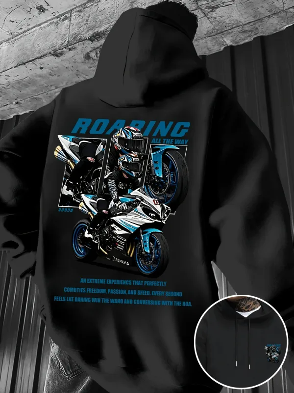 Winter and Autumn Men's Street Fashion Hooded Sweatshirt with "motorcycle" Print Pattern Fleece for Outdoor Warm Cozy Feeling