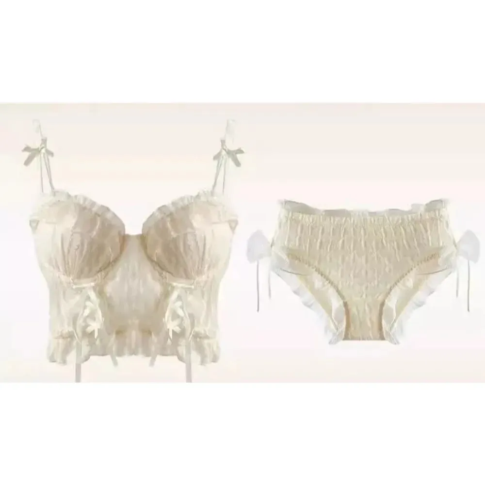 Women Lace Lingerie Set Ruffle Edge Mesh Cross Strappy Push Up Bra For Small Chest Sweet Soft Daily Comfy Underwear Two Piece — image 1