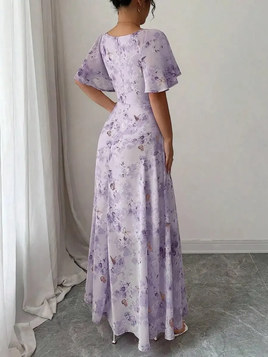 Women's Sweet French Style Mini Dress with Purple Butterfly Print Batwing Sleeves & Back Zipper — image 3