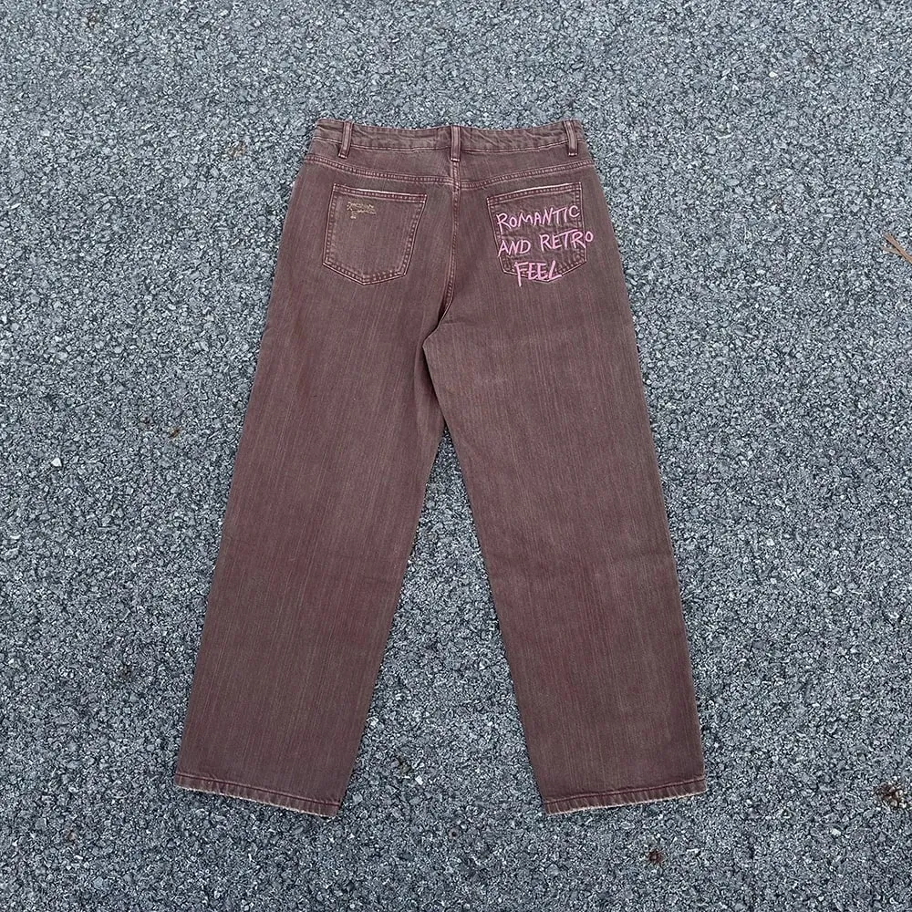 Harajuku Letter Embroidery Distressed Casual Loose Denim Trousers Mens Streetwear Vintage Solid Color Baggy Jeans Pants Oversize
