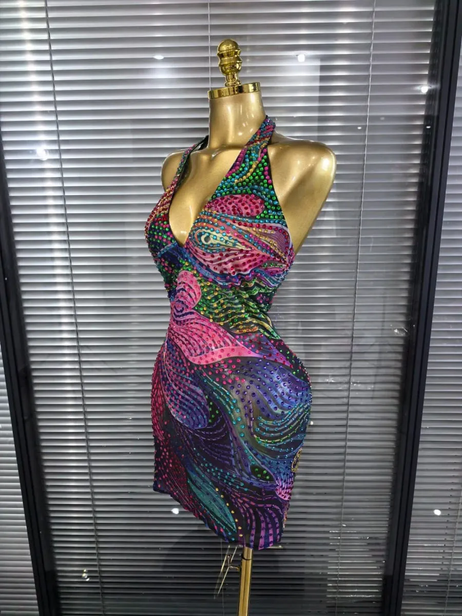 Blue Color Women Sexy Halter Backless Shinning Chain Bodycon Mini Dress Celebrate Nightclub Party Performance Costume Stage Wear — image 4