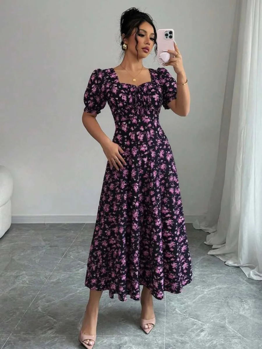 Women's Summer Maxi Dress Elegant Casual Puff Sleeve Square Neck Black Floral Print Long Evening Gown for Women — image 3