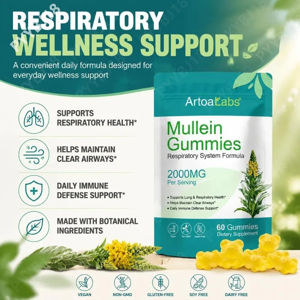 ArtoaLabs Mullein Gummies 2000mg 50:1 Extract for Respiratory Health & Clear Airways Supports Daily Immune Defense 60 Gummies — image 2
