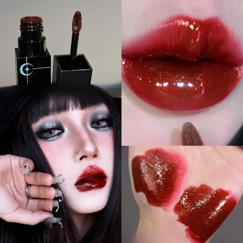 Shimmer Matte Black Red Lipstick Punk Gothic Lipgloss Halloween Makeup Mousse Lip Mud Lipstick Waterproof Non-stick Cup Lip Tint