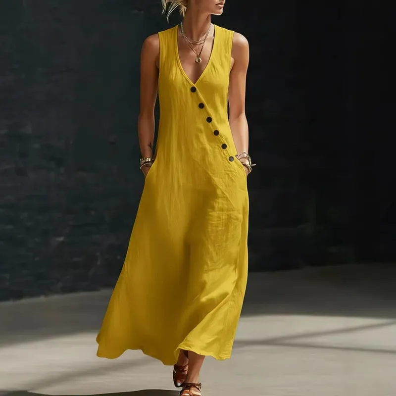 2026 Casual Sleeveless Loose Maxi Dress Women Summer Fashion Solid Color V-neck Holliday Elegant Long Dresses — image 5