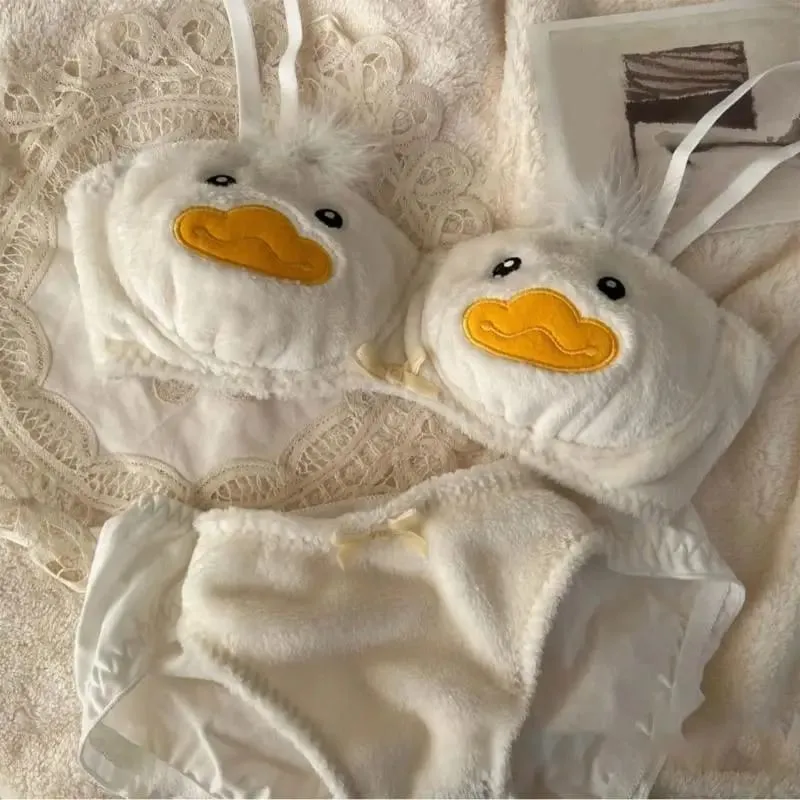 Women's 2Pcs Furry Bra and Panty Set Cartoon Duck Pattern Fuzzy Plush Wireless Underwear Japanese Anime Lingerie — image 4