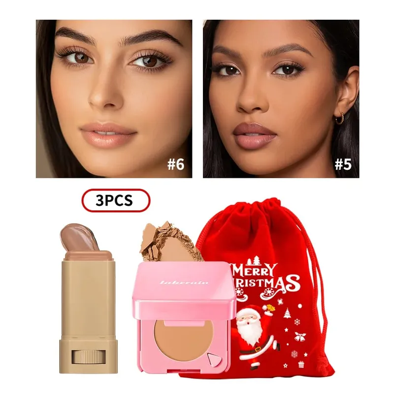 3 uds base en barra, polvo compacto para la cara con bolsa con cordón de Navidad, cosmético facial mate de larga duración, regalo de Navidad — image 14