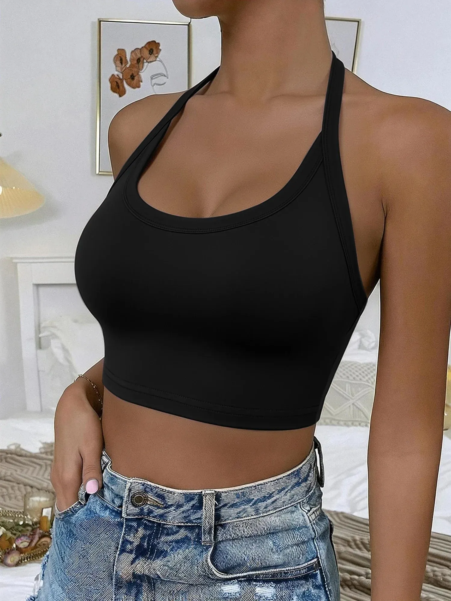 Silhouette Sculpt Halter Neck Crop Cami Rear Cutaway U Front Sling for Concert Events & Night Urban Street Shots — image 8