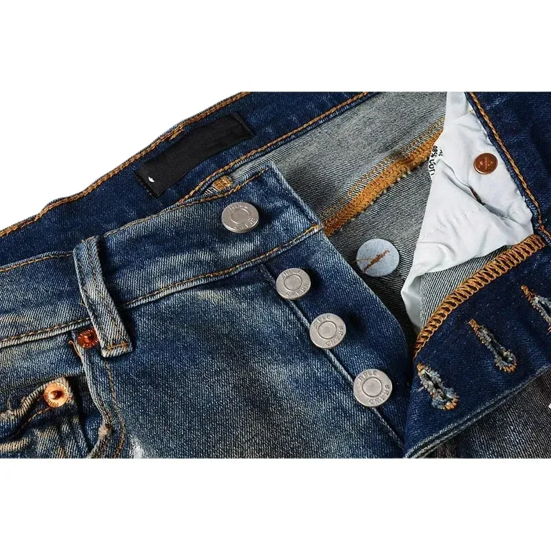 Men's Multiple Ripped Slim Tapered Jeans Vintage Blue Gradient Wash White Paint Splatter Button Fly High Street Style — image 4