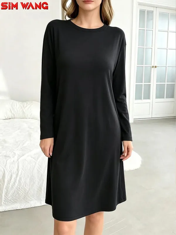 Long-Sleeved Dress for Women. Loose Round-Neck Long-Style Solid-Color Basic Home-Style Casual Dress.