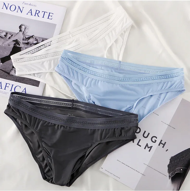 1/3PCS Men's Ice Silk Briefs Ultra-thin Quick Dry High Elastic Lace Waistband Panties Sexy Seamless Breathable Bikini Underwear — image 5